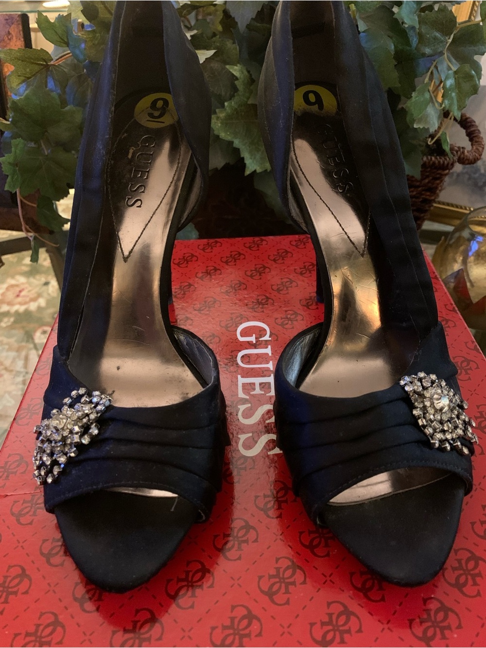 GUESS Black Satin Open-Toe Heels with Crystal Brooch